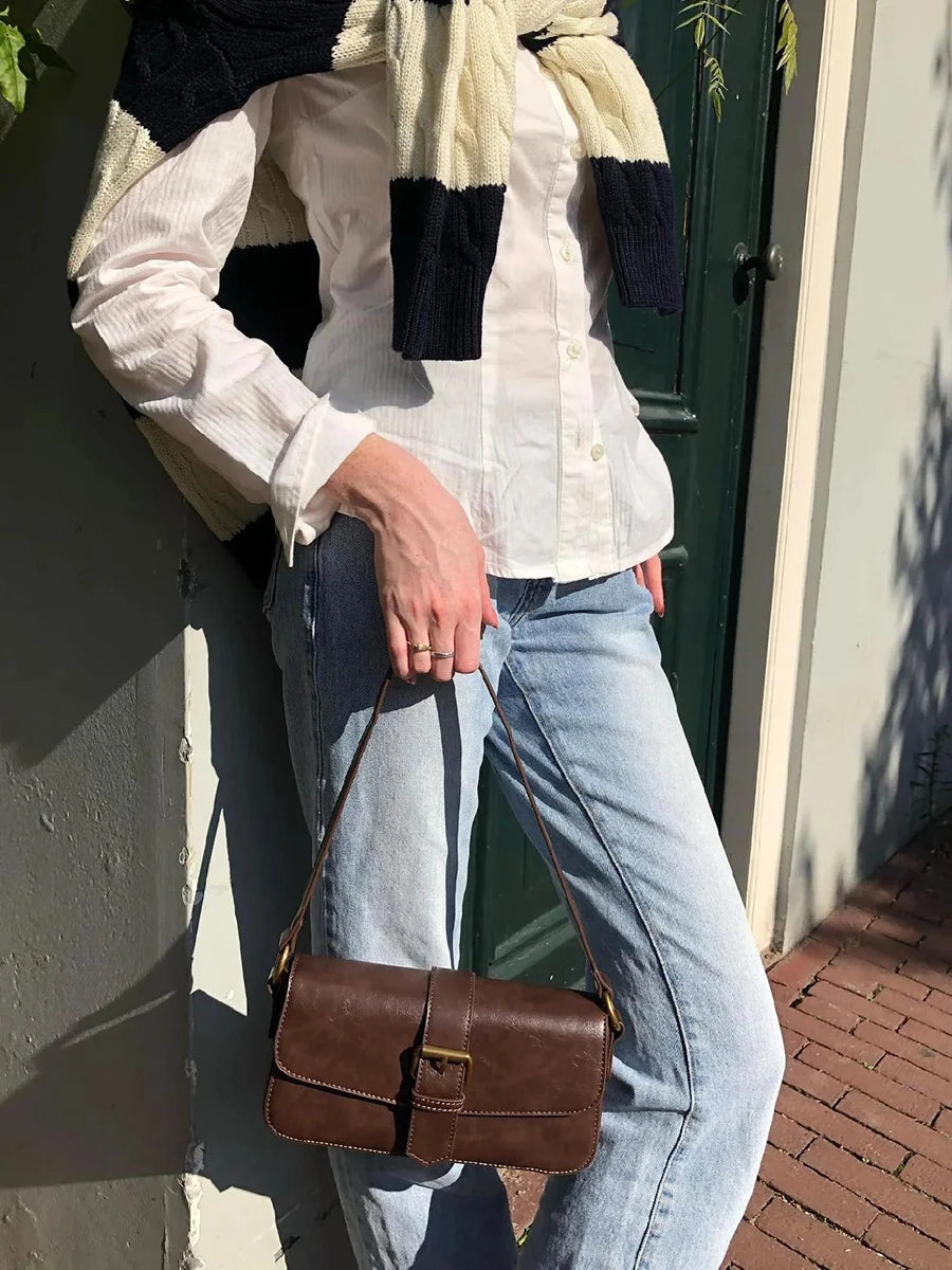 American Vintage Brown Pu Shoulder Bag Four Season High-Quality Buckle Decorate Ladies Handbag Streetwear Preppy Style Y2k Bags
